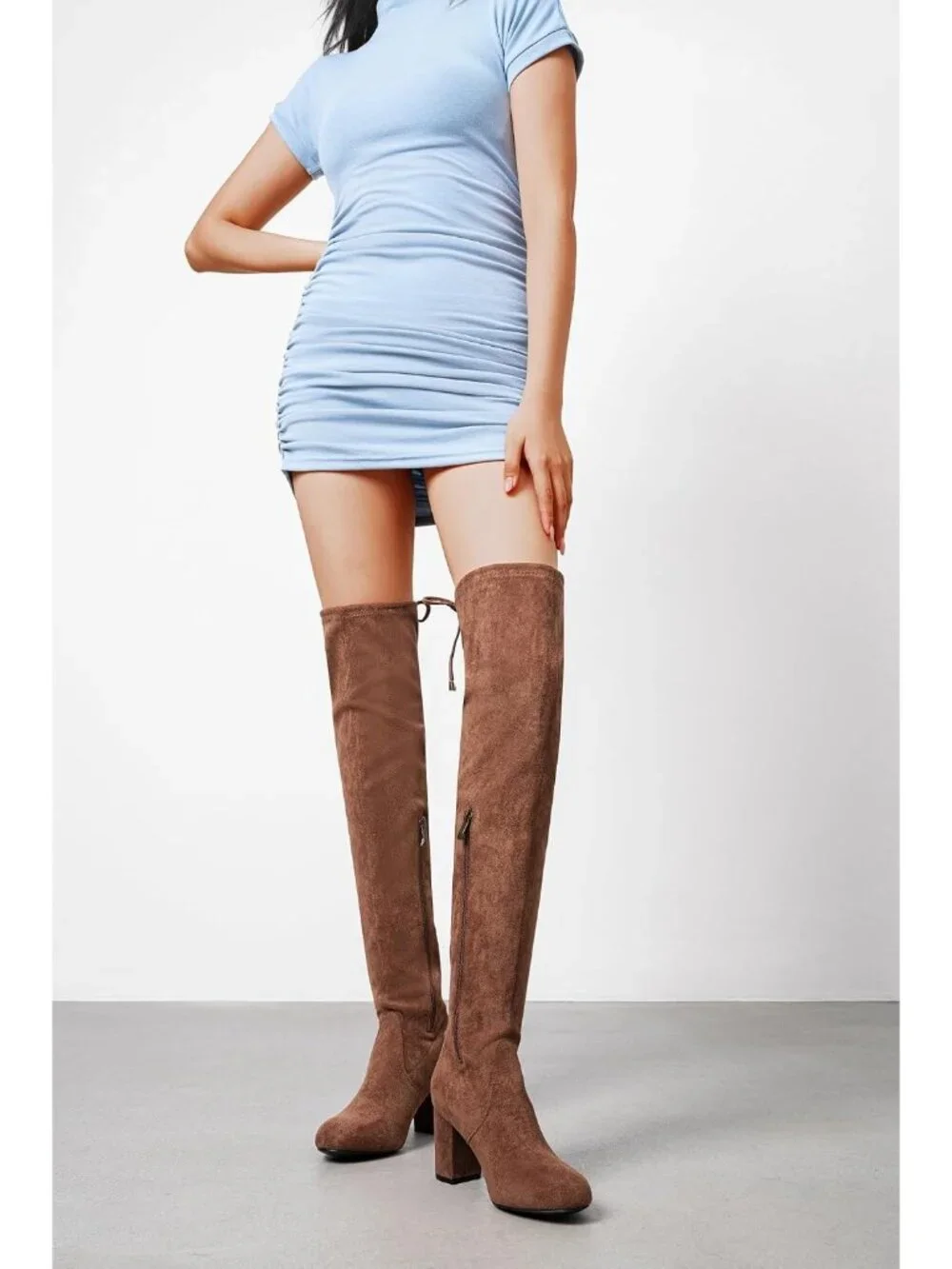 Women's Mocha Brown Suede Closed Round Toe Block Heel Over The Knee High Boots
